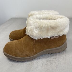Minnetonka Suede Ankle Mini Boots Chestnut Brown Cozy Faux Fur Lined 6 M